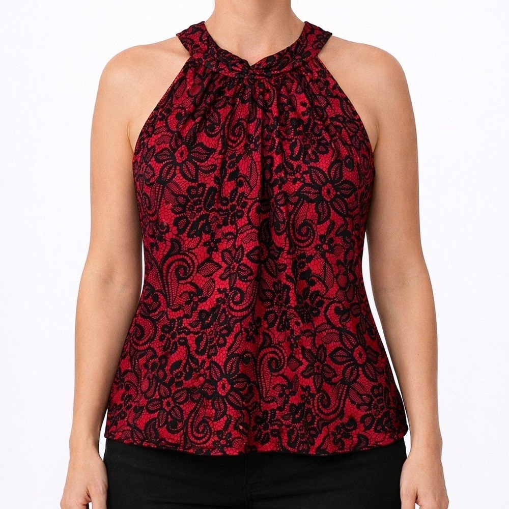 Lace Print Halter Top Red Black Workwear Size L Christopher & Banks Women